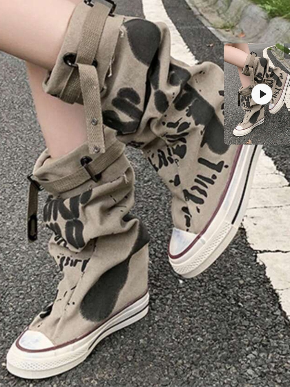 SHEIN Olive Canvas Slouch High-Top Sneakers with Black Print